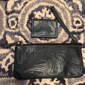 Hand Tooled matching leather clutch and wallet